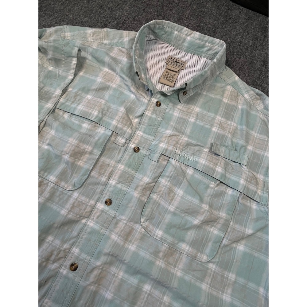 L.L.Bean XL Tall Fishing Shirt Vented Plaid Seafoam Sage Outdoor Camp EUC